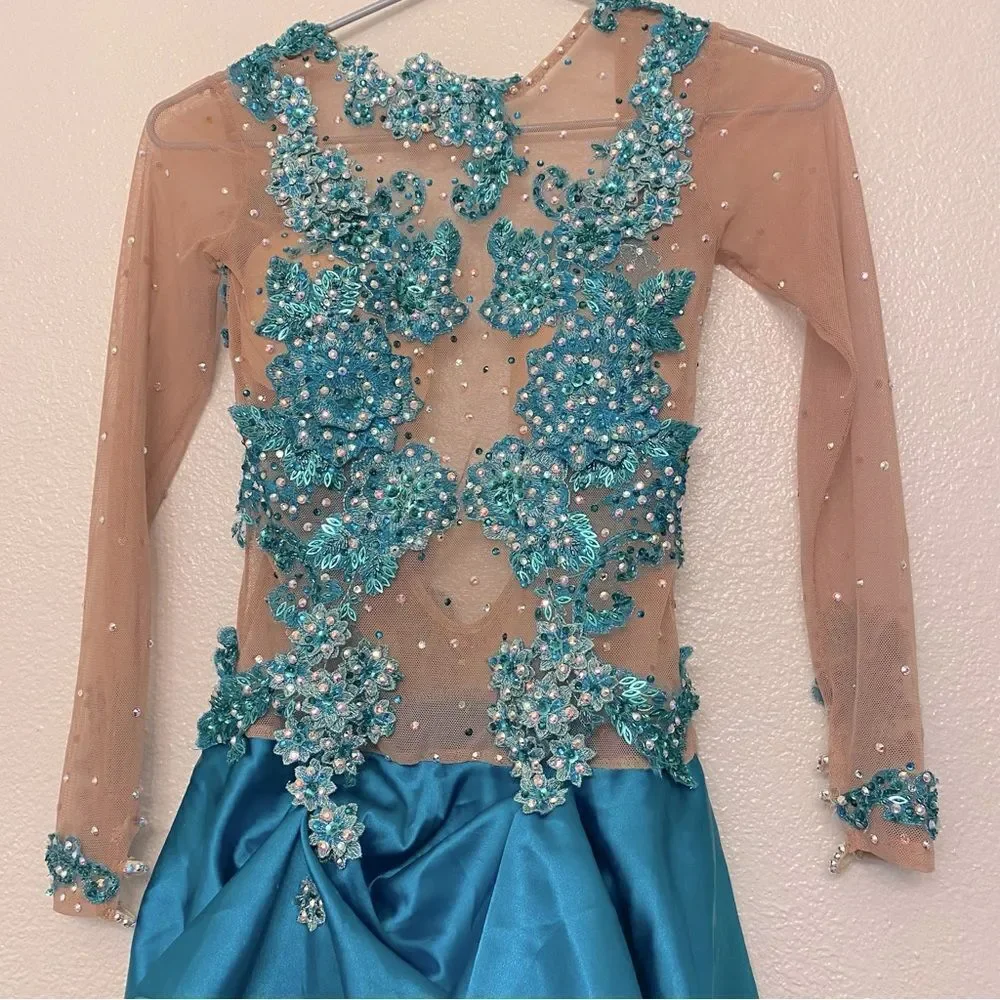Custom Solo Dance Costume Teal Blue Lyrical Competition nude illusion SA adult